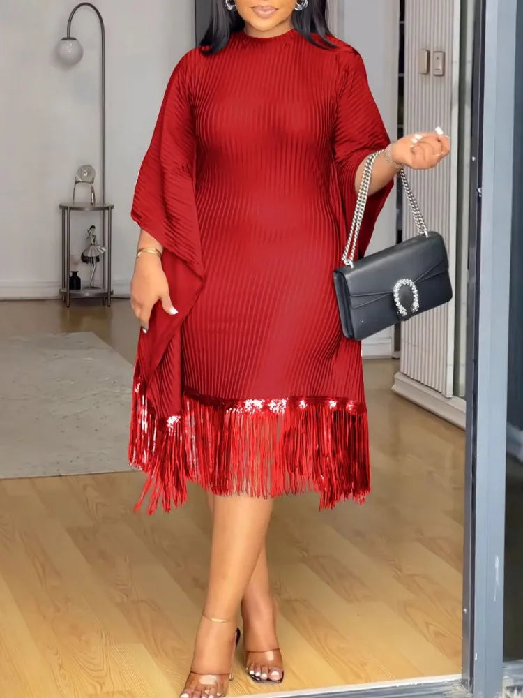 Amay Dresses for Women Elegant Dashiki Spring Autumn Tassel Sequin Dress Ladies Traditional Africa Clothing Fairy Dress