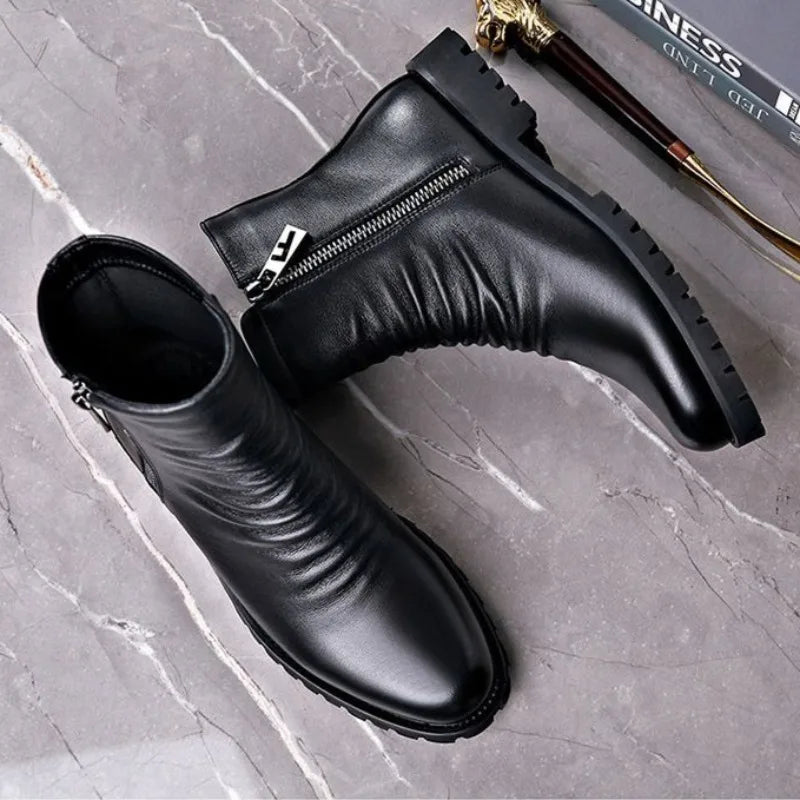 Visco High Quality Men's High Top Boots Genuine Leather Boots Business Boot Fashion Casual Dress Boot Plush Warm Winter Boots for Men