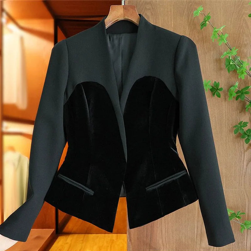 Maxy Fashion Fall Spring Autumn Brief Design Single Buttons Top Quality Black Velvet Basic Slim Women Blazers Casual Jackets Korean