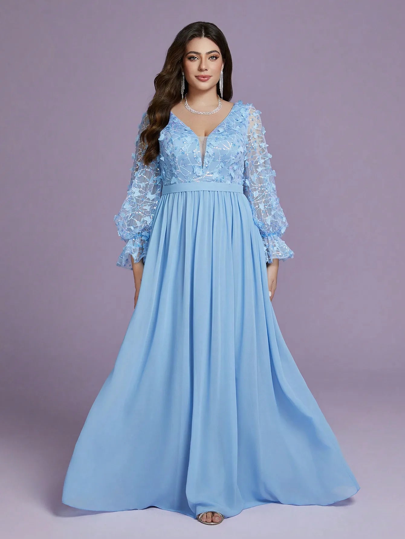 Maxy Mgiacyv-neck flame-patterned butterfly sequined long-sleeved hem pearl chiffon high-end evening dress