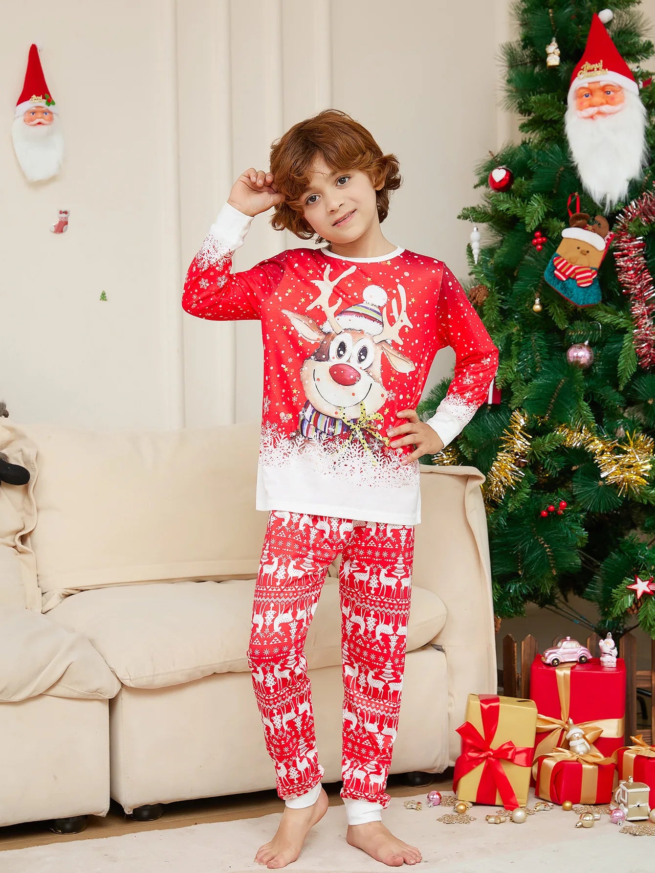 Maxy Christmas Pajamas Family Set Cartoon Deer Printed Red White Long Sleeve Family Matching Christmas Pajamas Pjs Set