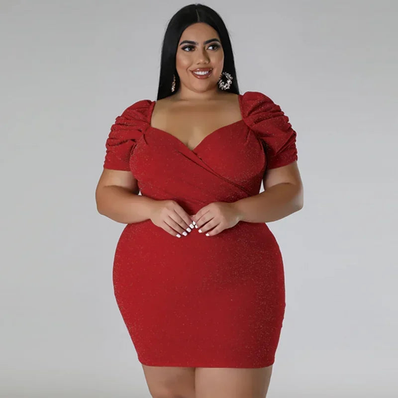 KEXU Sexy Glitter Plus Size Dresses Ruched Short Sleeve V Neck Slim Elegant Lady Party Dress Large Size Women's Evening Dress