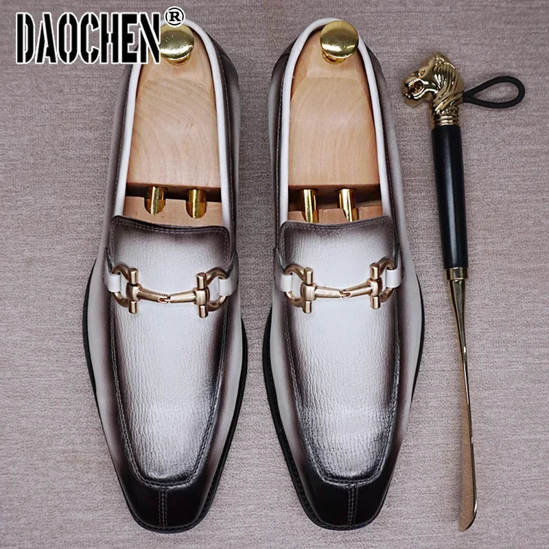 Maxy Luxury Men Leather Shoes Black White Horsebit Loafers Slip on Formal Men Dress Shoes Wedding Office Casual Shoes For Men