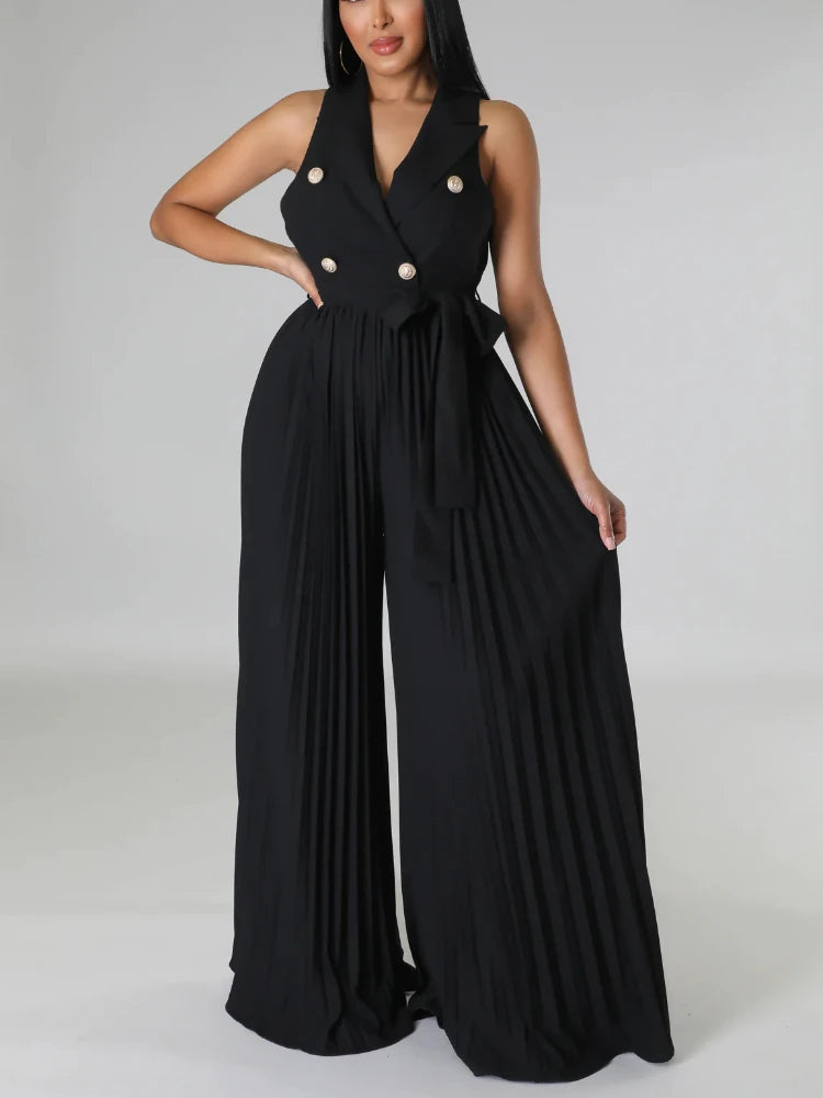 Babs Sleeveless Jumpsuits for Women Casual Pleated Wide Leg Pants Belt Button Down Notched Lapel Back Out Summer One Piece Outfits