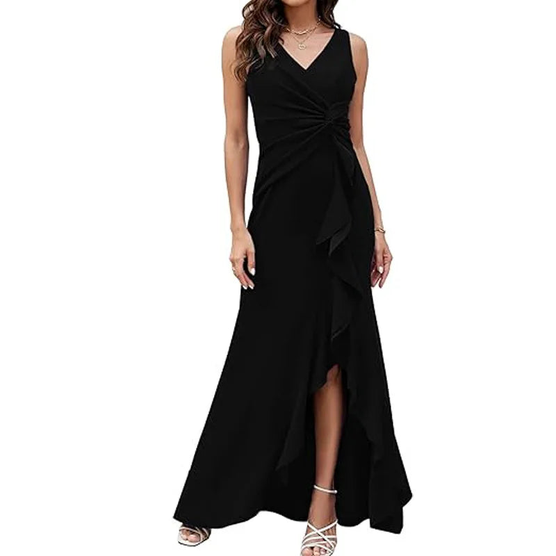 Maxy Elegant V-Neck Party Maxy Dress Women Fashion Sleeveless Ruffle Split Gown Prom Dress Ladies Slim Fit Tie Up Bodycon Gala Dress