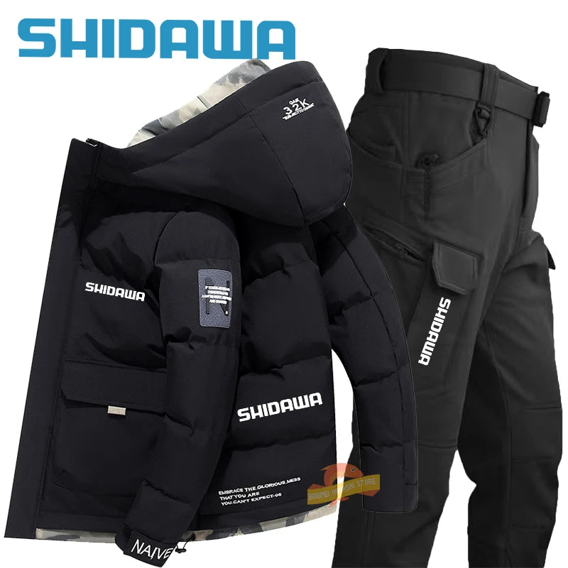 Maxy New Fishing Suit Men Winter Down Clothing Windproof and Coldproof Mountain Climbing Jacket + Waterproof Warm Pants Two-piece Set