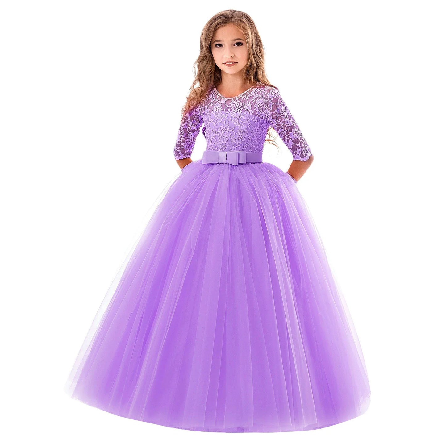 Maxy Girls Lace Embroidered Bow Princess Dress Long Sleeve Tulle Gown For Toddler First Communion Bridesmaid Wedding Birthday Party