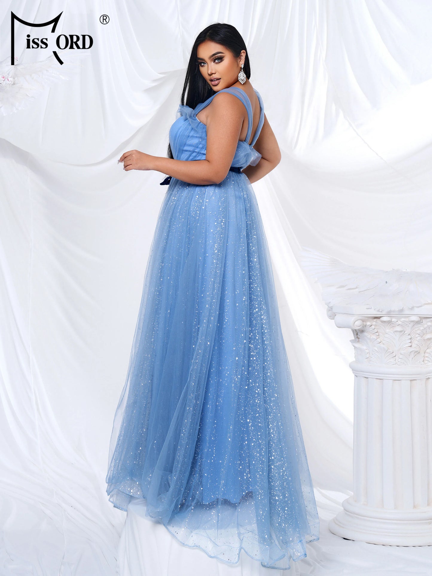 Maxy Plus Size New Blue Off Shoulder A Line Mesh Evening Gown Wedding Bridal Banquet Party Floor Length Prom Birthday Dress