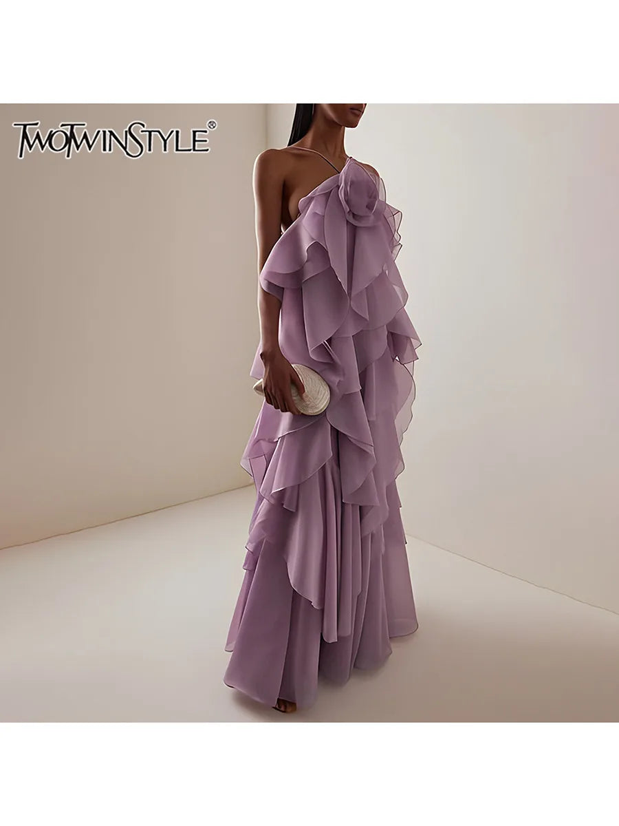 Maxy TWOTWINSTYLE Solid Spliced Ruffles Elegant Dresses for Women Halter Sleeveless High Wasit Backless Loose Dress Female Fashion