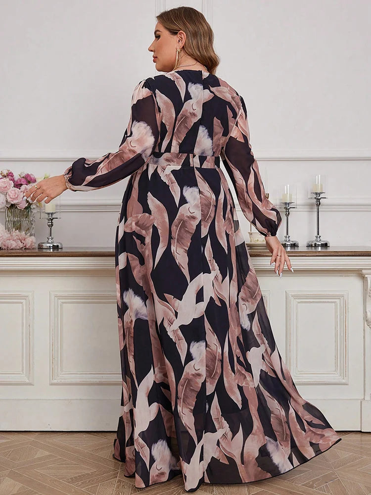 Maxy-Floral Print Lantern Sleeve Dress for Women, Casual Elegant Split Thigh Dress, Spring and Summer Clothing, Plus Size