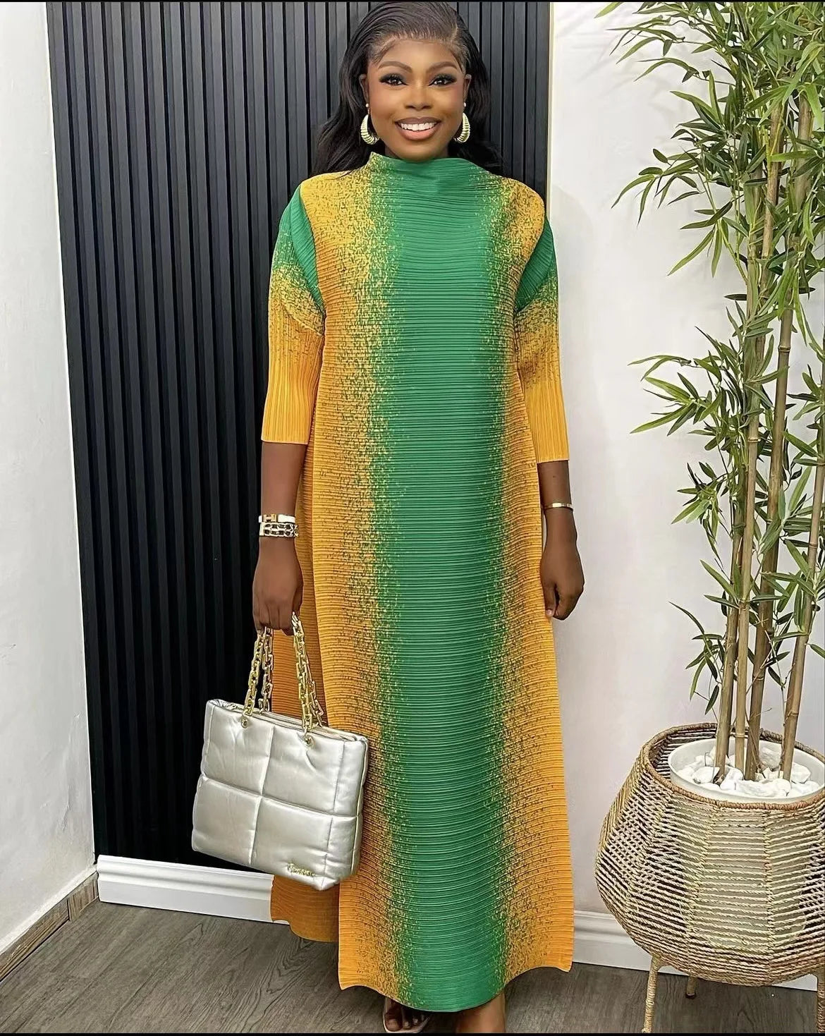 Maxy Pleated Print Contrast Color Women's Dress Spring New O-Neck Long Sleeve Elegant Loose Fit Women's Dress