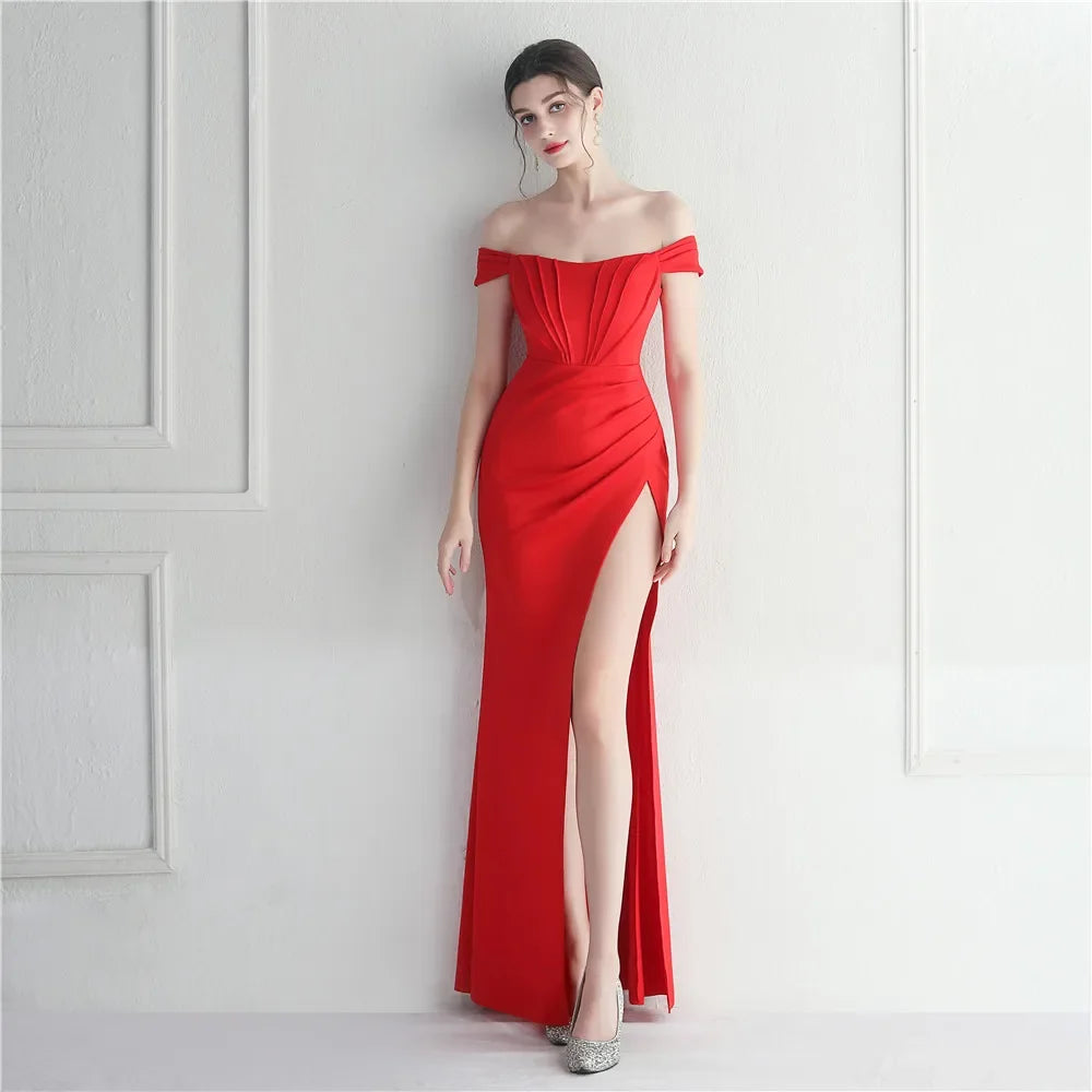 Maxy Evening Dress Red Stretchy Off the Shoulder Pleat Zipper Back Mermaid Trumpet Floor Length Slit Women Party Formal Gowns YE101