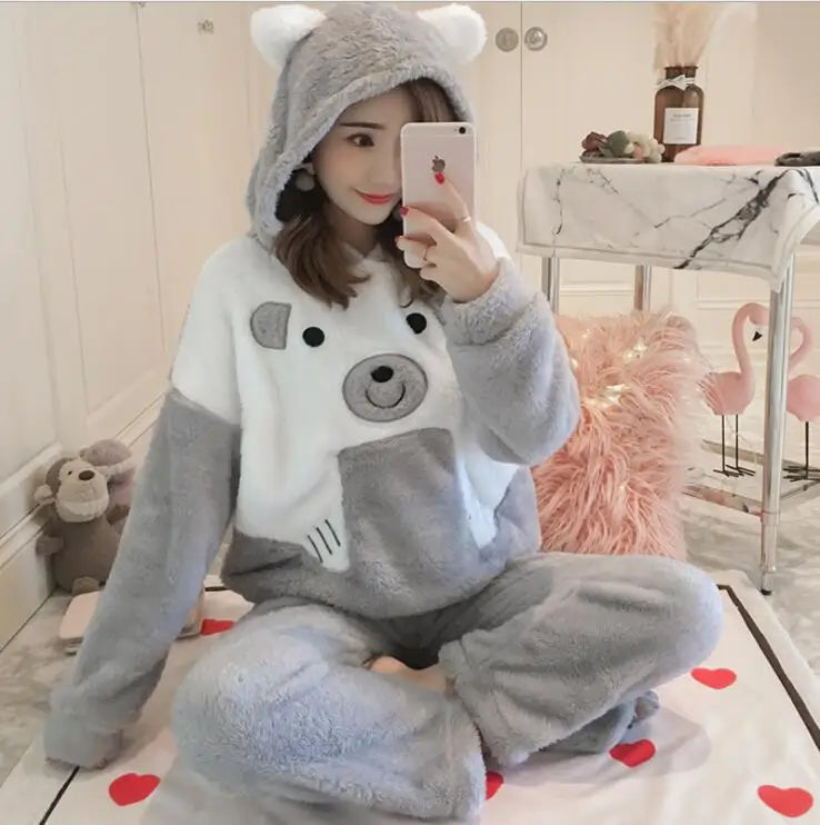 Winter Thick Warm Flannel Pajamas Sets For Women Sleepwear Pajama Homewear Pyjamas Set Cartoon Cute Warm Hooded Rabbit Gowns