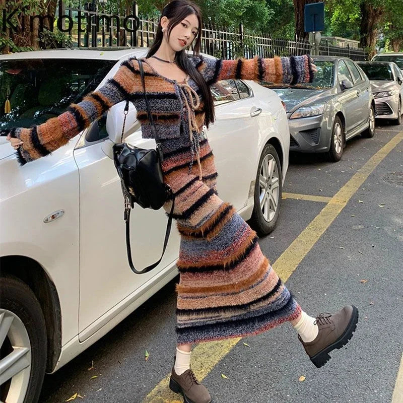 Maxy Striped Knitted Two-Piece Sets Women Korean Style Sexy Long Sleeve Cardigan Autumn Winter Sweater Sling Dress Y2k Suits