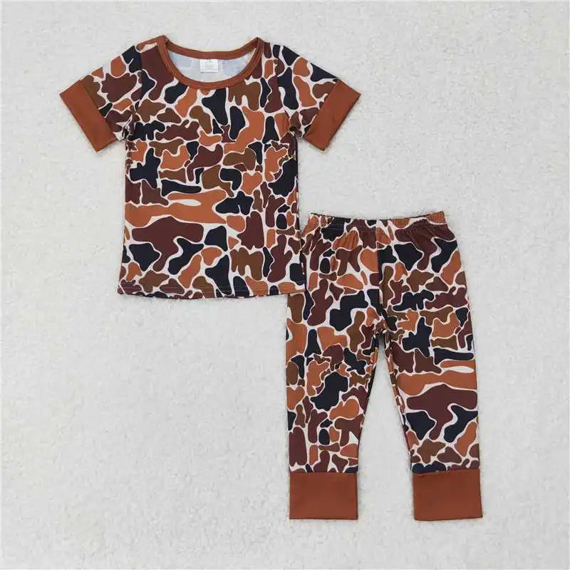 Wholesale western boutique children clothing Baby Boys Christmas Camo Santa Top Pants Pajamas Clothes Set