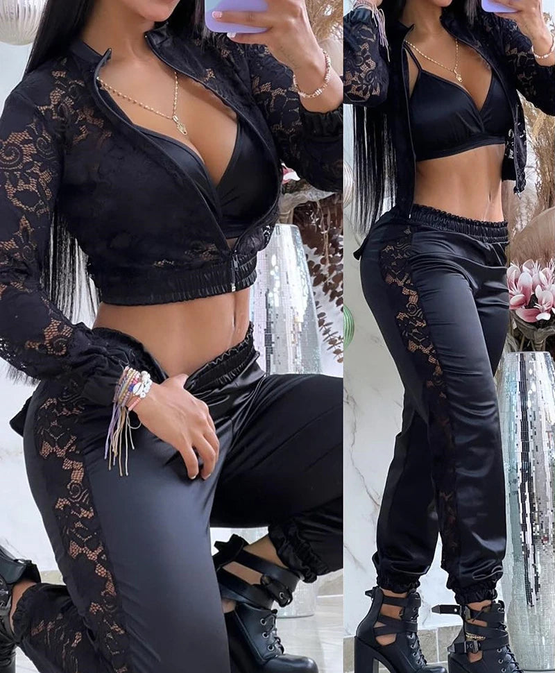 Maxy 3 Piece Set Women Outfit Casual V-Neck Crop Top Shirred Crochet Lace High Waist Cuffed Pants Suit Long Sleeve Coat Summer