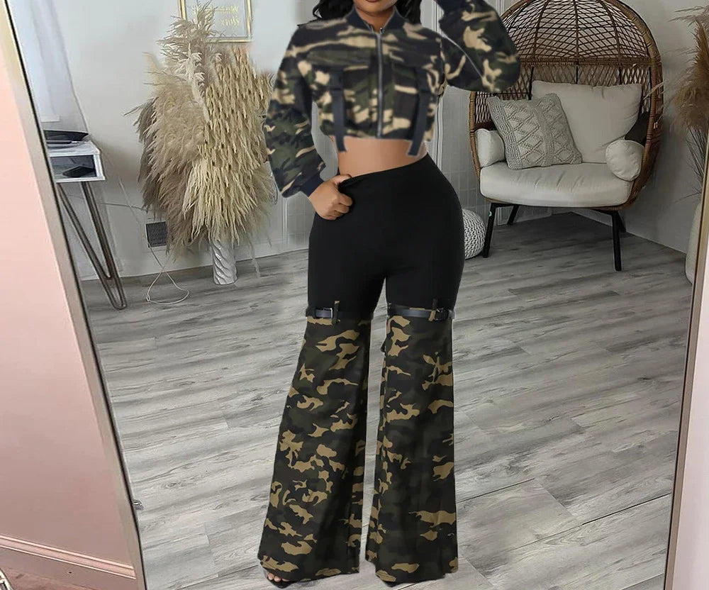 Two Piece Denim Set for Woman Streetwear Autumn 2024 New Long Sleeved with Exposed Waist Elastic Belt and Camouflage Pants Suit