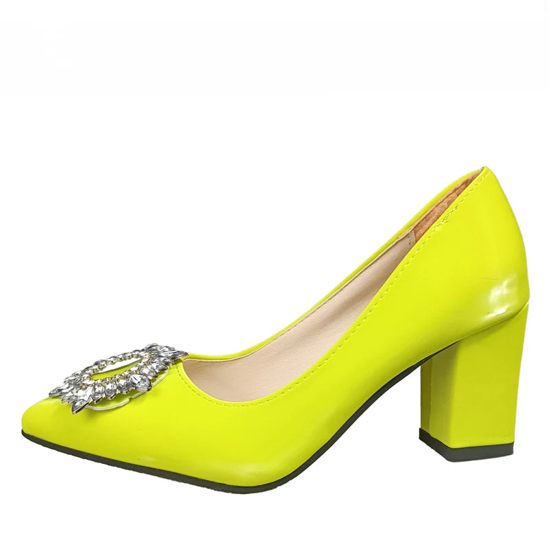 Amay Extravagant Crystals Buckle Pumps Women's Shoes 7cm Chunky High Heel Pointed Toe Patent Leather Shoes Female Plus Size 49 50