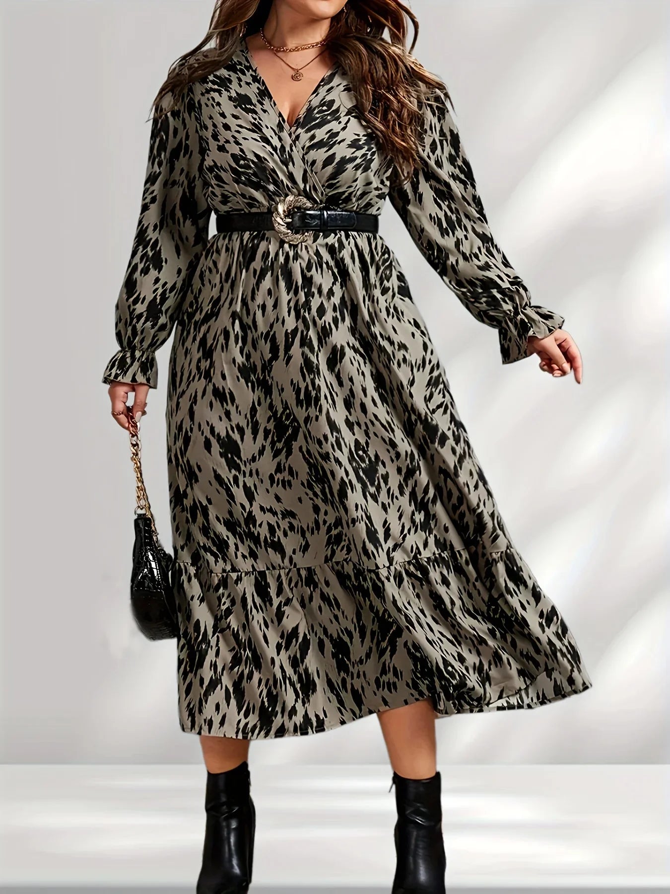 Maxy Plus Size Allover Print Flounce Sleeve Ruffle Hem Dress Without Belt