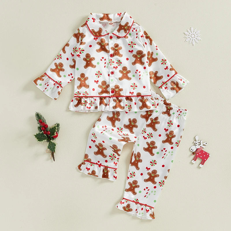 Babs Girl 2Pcs Christmas Pajamas Long Sleeve Gingerbread Print Shirt Pants Set Toddler Sleepwear