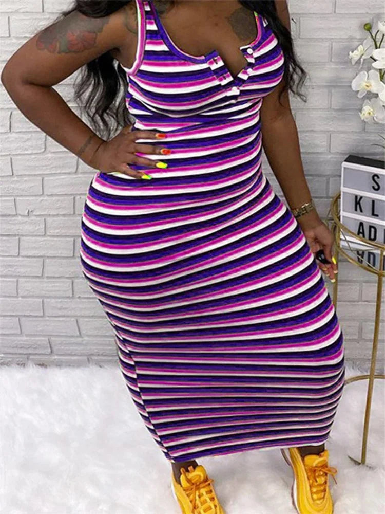 Wmstar Plus Size Dresses for Women Striped Printed Sleeveless Fashion Party Bodycon Stretch Maxi Dress Wholesale Dropshipping