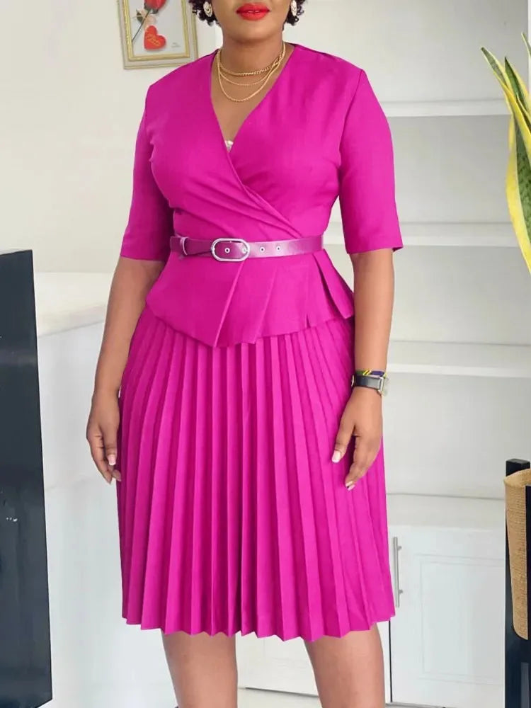 Amay Dresses for Women Fashion Half Sleeve V-neck Polyester Pleat Midi Dress Dashiki African Clothes Women Outfits