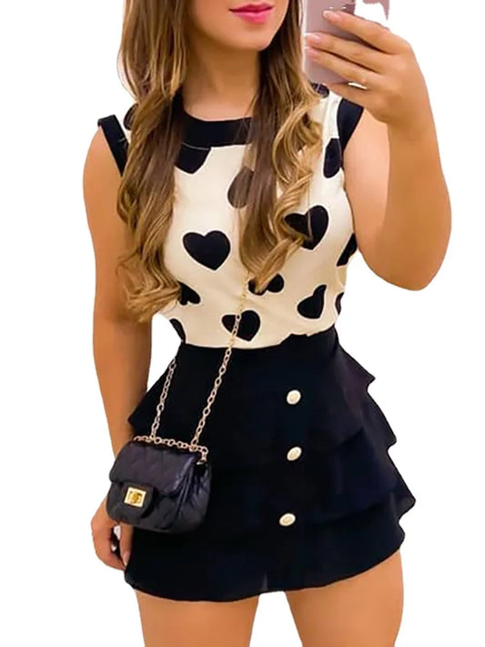 Maxy Sweet Ladies Two Piece Set Outfits Women Print Heart Round Neck Top & Skirt Set Women Dress Sets Female Short Skirts Suits