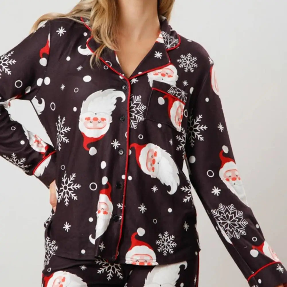 Maxy Top Women's Christmas Pajama Set with Santa Print Long Sleeves Elastic Waist 2 Piece Home wear Nightie Set for women