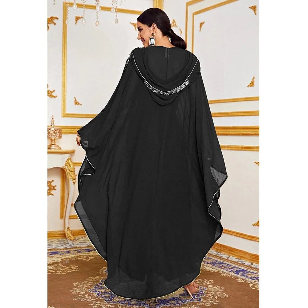 Maxy Morocco Kaftan Dubai Hooded Maxi Dress Bat Sleeve Farasha Kaftan Muslim Women African Open Kimono Boubou Evening Long Gown