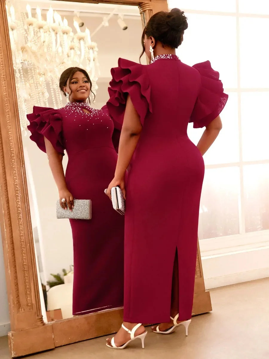Maxy Customized Wedding Guest Dresses for Women Party Mock Neck Beads Ruffle Short Sleeve Birthday Elegant Summer Homecoming Prom Eve