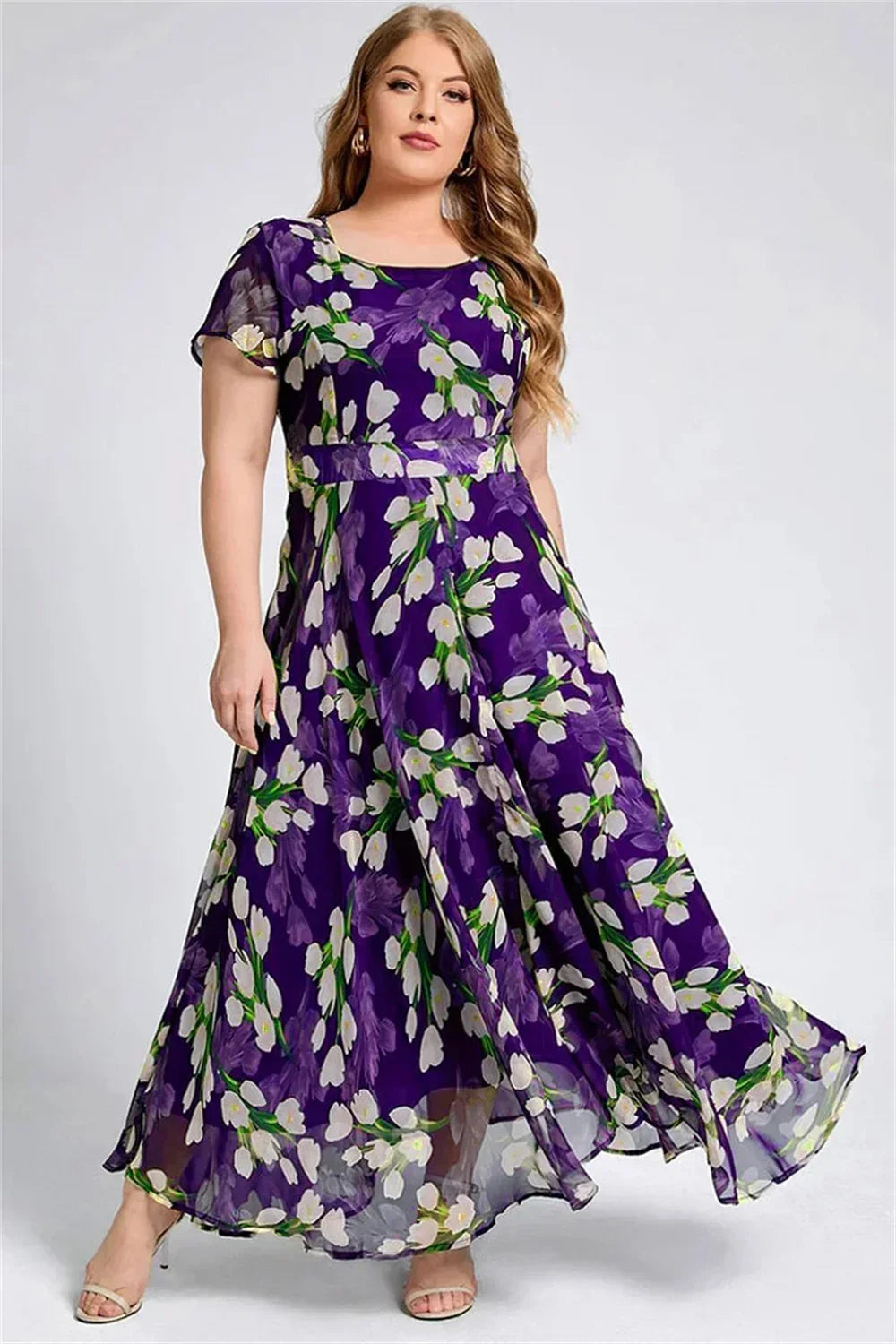 Maxy Plus Size Women Floral Printing Dress Short Sleeve Round Neck Chiffon A-line Female Elegant Fashion Summer Dresses