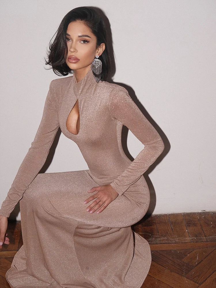 Maxy Sequins Women Maxy Dress Solid Elegant Spring New Full Sleeve High Collar Hollow Cleavage Sheath Robe Mujer Trend Vestidos