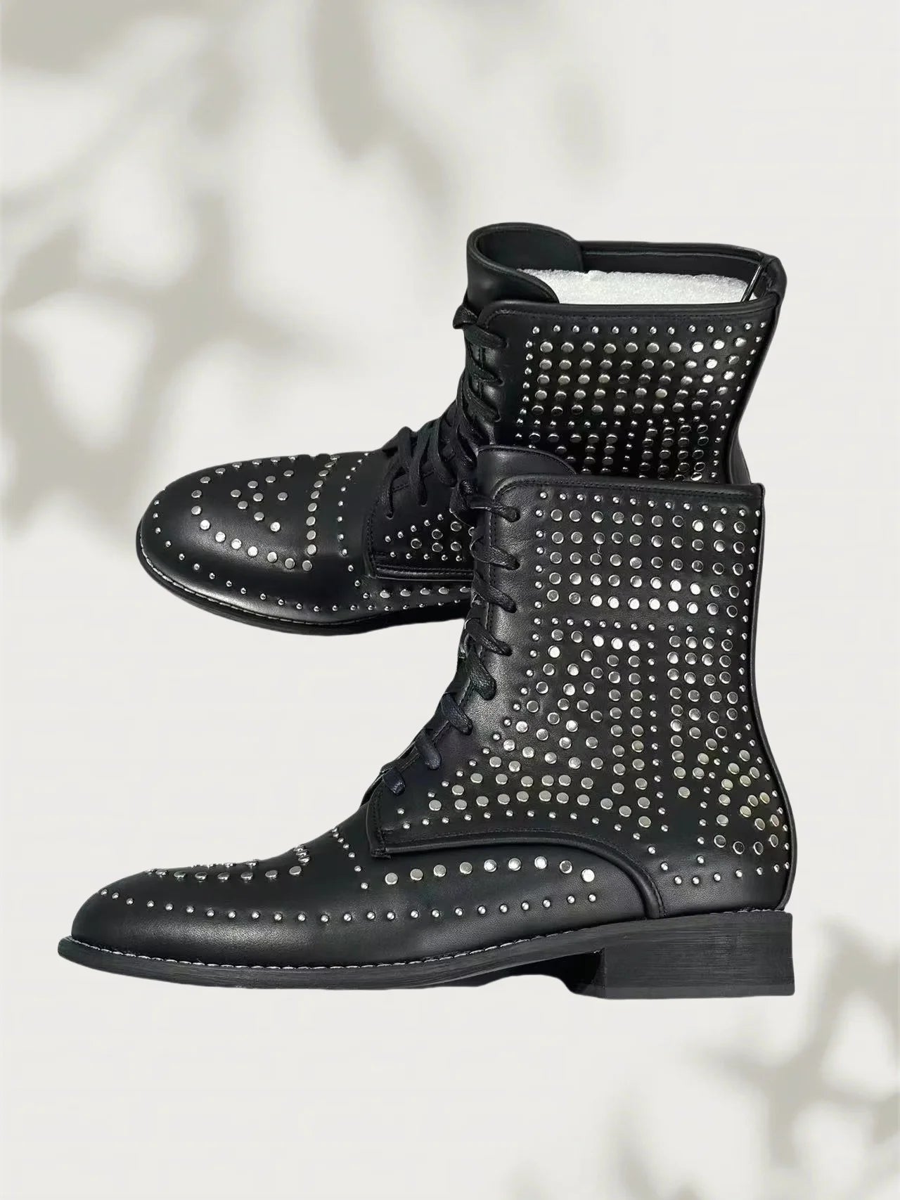 Visco New Black Men's Calf Boots Round Toe Lace-Up Low Heel Rhinestones Inset Punk Style Street Short Botas Large Size Men Shoes