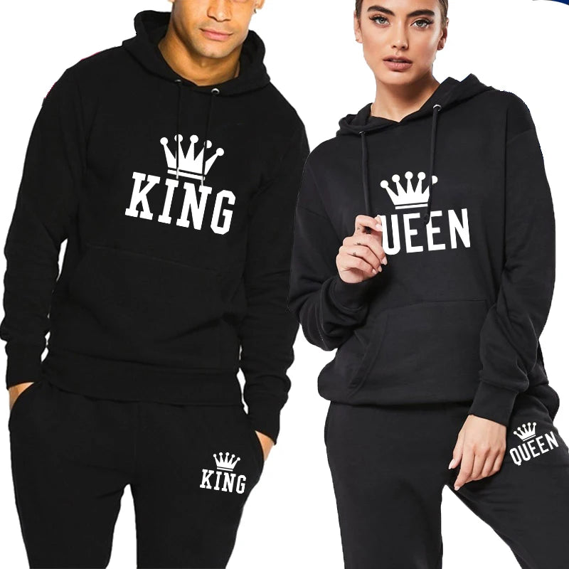 Maxy Hot Sale Couple Fashion Tracksuit King Queen Hoodies and Sweatpants High Quality Men Women Daily Casual Sports Jogging Suit