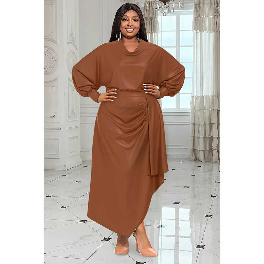 Maxy Plus Size Women's Everyday Dress Brown V Neck Long Sleeve Irregular Spring and Summer Satin Cinched Waist Maxy Dress