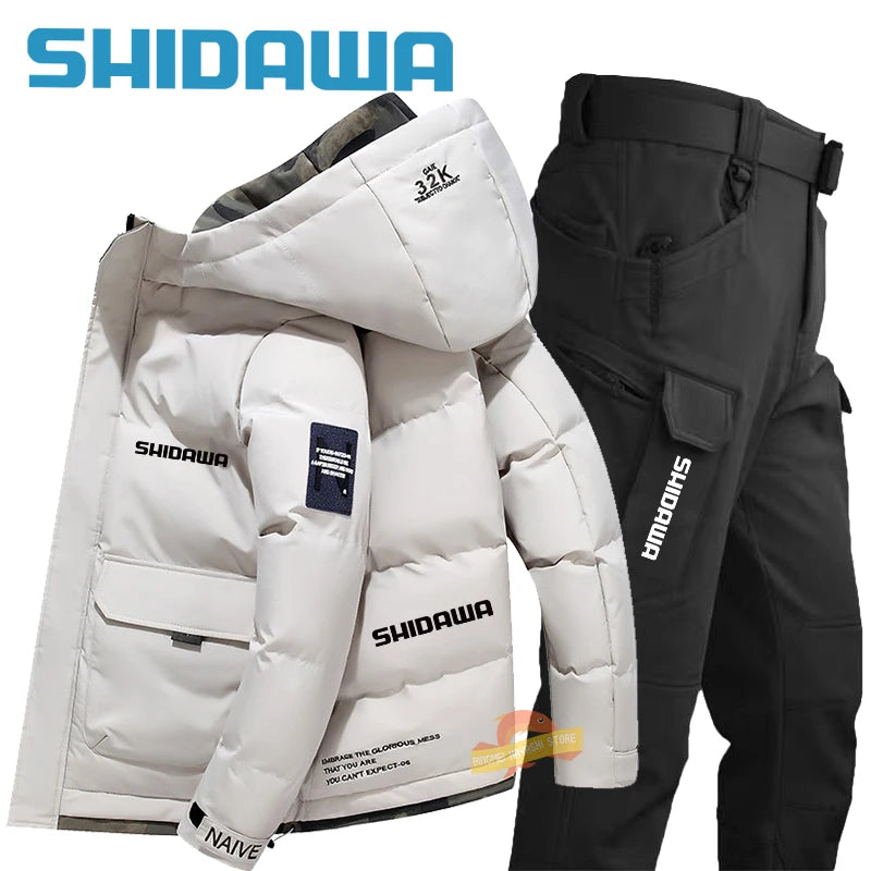Maxy New Fishing Suit Men Winter Down Clothing Windproof and Coldproof Mountain Climbing Jacket + Waterproof Warm Pants Two-piece Set