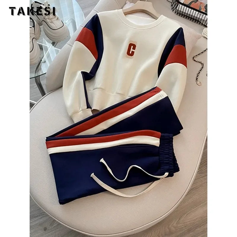 Maxy Fashion Casual Sporty Two-piece Set Women Letter Print O-neck Sweatshirt + Drawstring Trousers Sets Sports Pants Suits