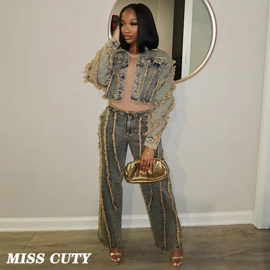 Maxy Two-Piece Denim Sets for Women Crop Jackets Ladies Y2K Streetwear Denim Coats Jeans Winter Outfits Two Piece Pant Sets
