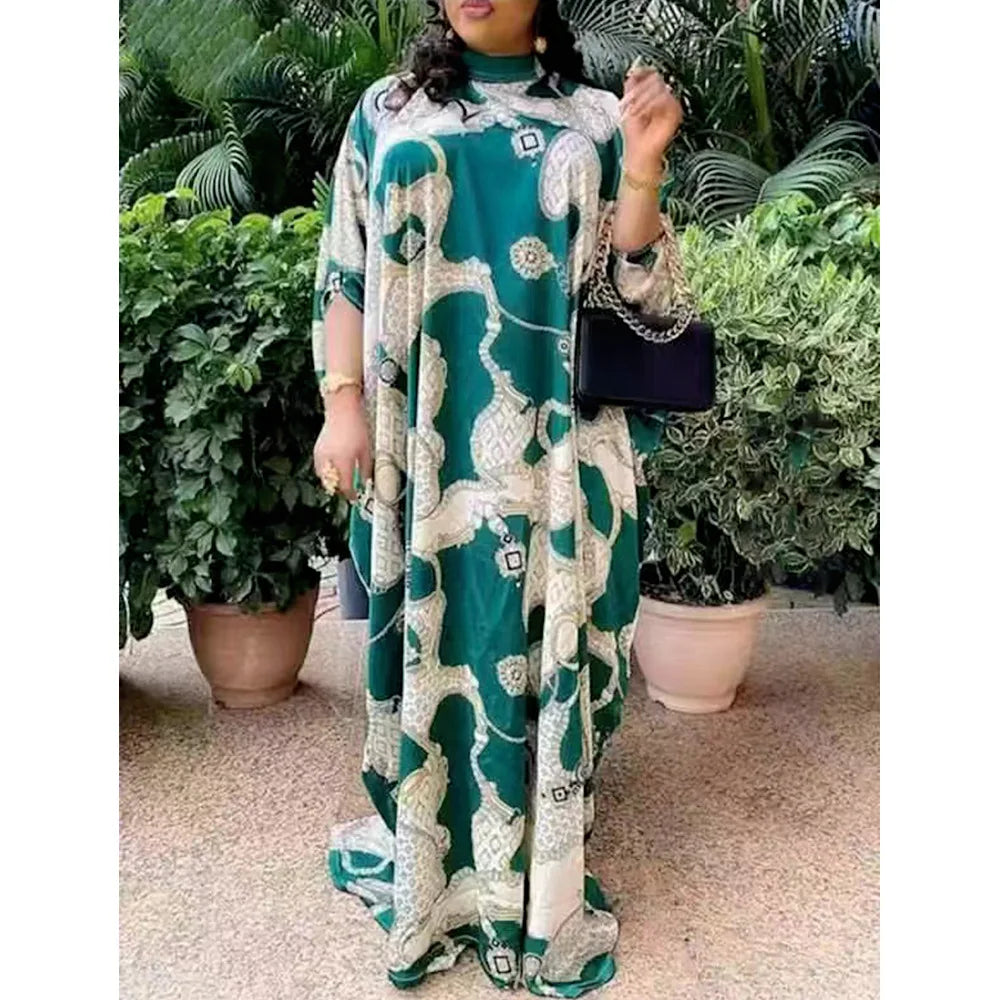 Maxy Elegant Dresses for Women New Plus Size Print Kaftan Muslim Evening Party Long Dress Summer Clothing