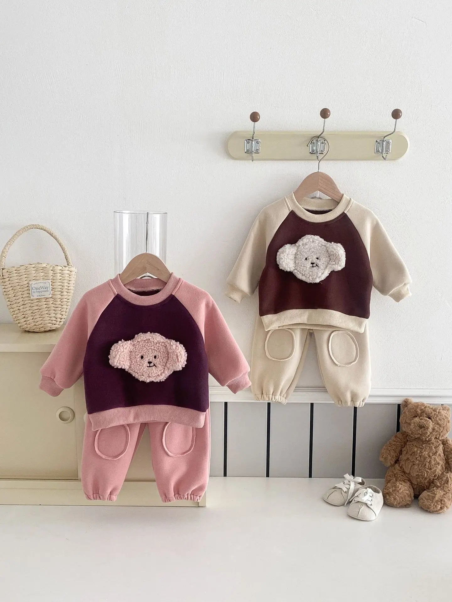 Maxy 2024 Winter New Baby Fleece Warm Clothes Set Infant Girls Bear Sweatshirt + Pants 2pcs Suit Plus Velvet Thick Boys Warm Outfits