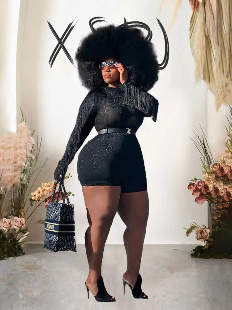 Maxy Plus Size Women Jumpsuits Fall Jumpsuit Long Elegant Party One Piece Outfits Tassel Shine Jumpsuit Ladies Romper Shorts Stretchy