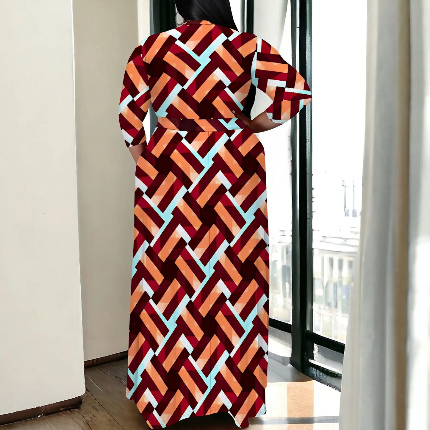 Amay Plus Size Boho Wrap Maxy Dress Orange Blue Geometric Print V Neck Half Sleeve Casual Look