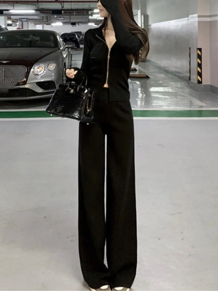 Amay Women's Knitted Tracksuits Casual Hooded Jacket & High Waist Long Pants 2 Piece Set Femme Fashion Clothing Outfit
