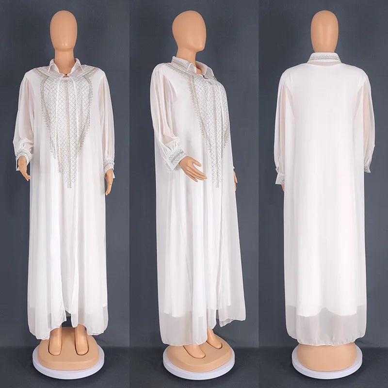Maxy 2 Piece Set African Dresses for Women Evening Dress Diamonds Party Gown Dubai Abaya Kaftan Chiffon Wedding Outfit