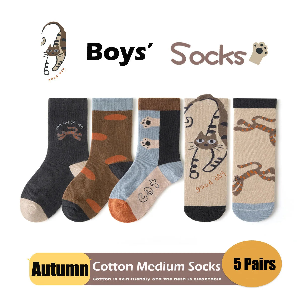 Maxy 5 Pairs Boys Autumn Socks Mid Calf Cotton Socks Smiling Dinosaur Socks Children Medium Socks  A Class Baby Kids Socks