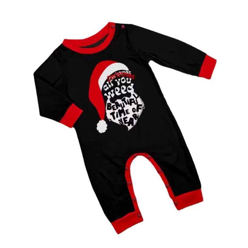 Maxy Autumn and winter new wish home dress pajamas set Christmas hat alphabet print home dress pajamas pant 2 sets and baby jumpsuit