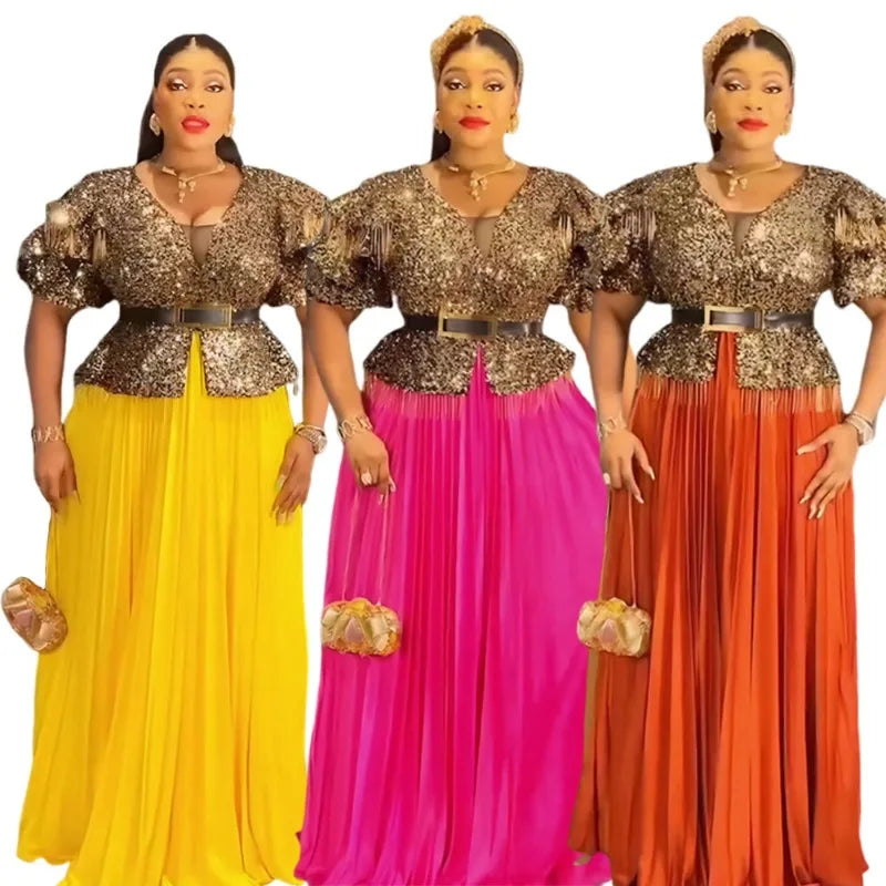 Maxy Plus Size African Women Dress Elegant Sequin Golden Dresses Evening Gown Wedding Reception Attire Dubai Party Clothes Oversize