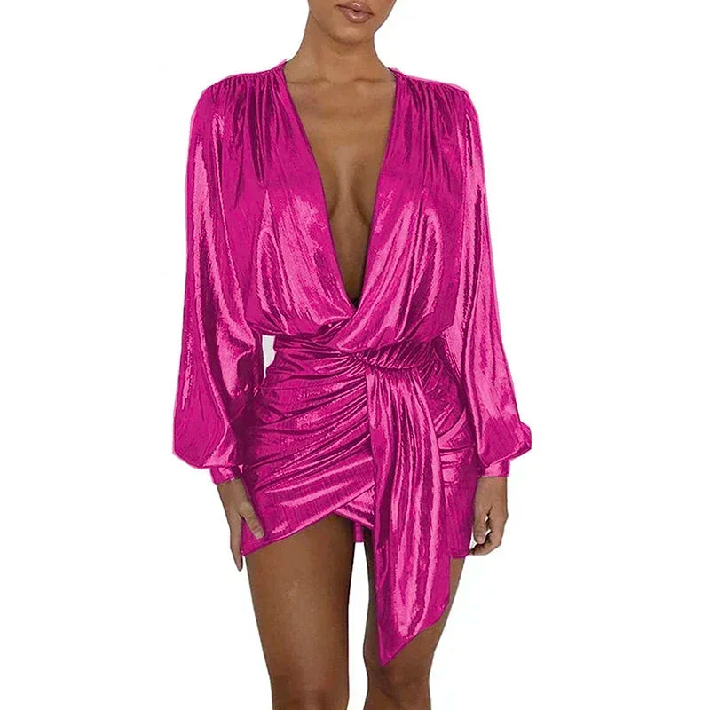 Maxy Plus Size Elegant Deep V-neck Long Sleeve Shiny Metallic Dress Women Evening Irregular Bodycon Mini Dress Vintage Ball Gowns