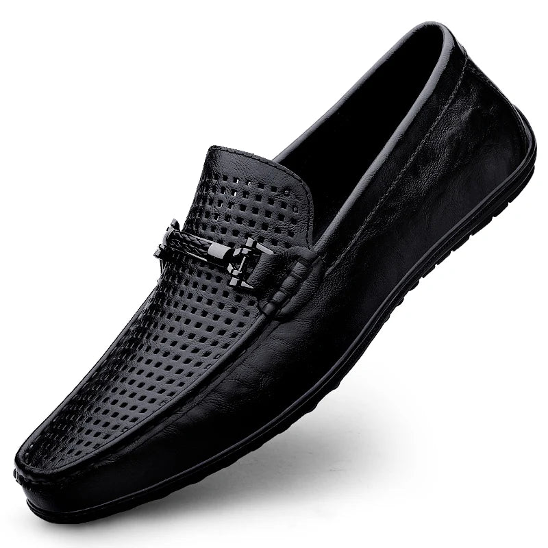 Amay Metal Buckle Brown Loafers Genuine Leather Mens Business Formal Shoes Comfortable Casual Shoes Driving Footwear Breathable Mens