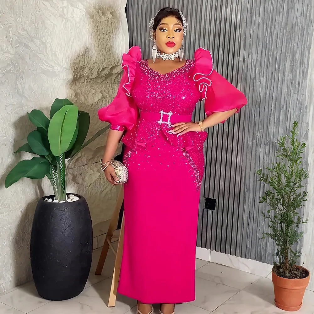 Maxy Dresses for Women Plus Size Ankara Dashiki Africa Clothing Sequin Evening Wedding Party Gown Abaya Turkey Kaftan Outfits